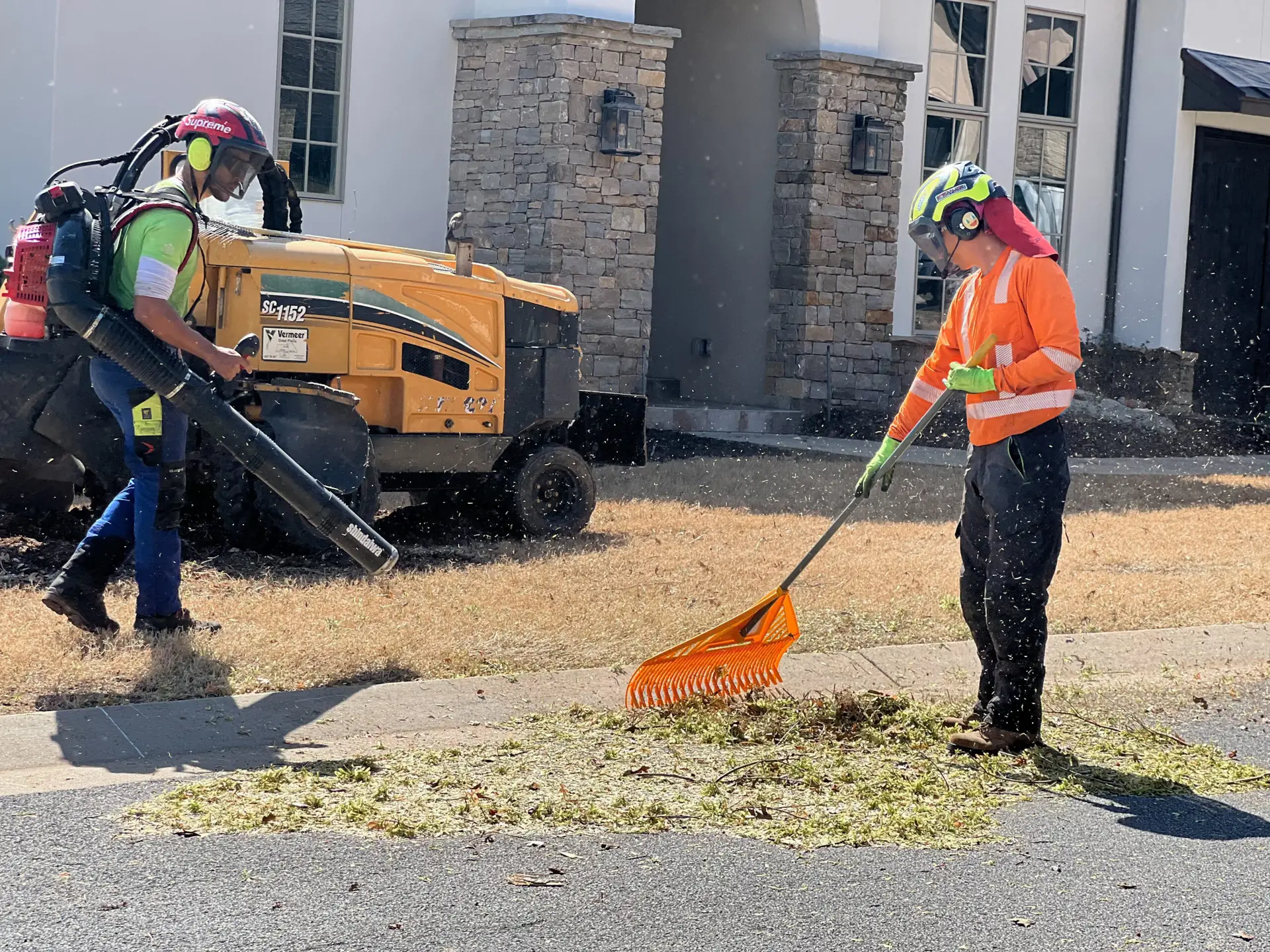 An image of the Paragon Tree Care team cleaning up after a tree removal job